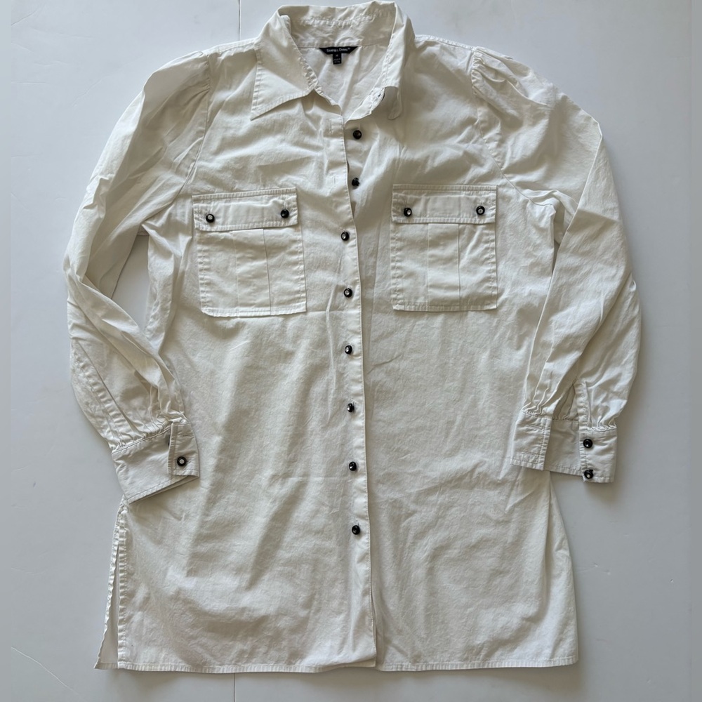 Samuel Dong White Button-Front Long Shirt with Jewel Buttons Medium